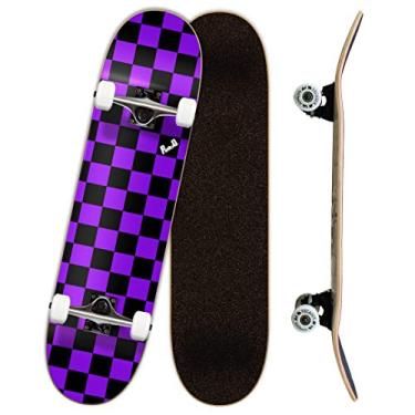 Imagem de Yocaher Skate profissional completo de 19,7 cm com deck de bordo de 7 camadas, fita adesiva de aderência premium BlackWidow, caminhão de liga de alumínio, rolamento ABEC-9 - roxo xadrez