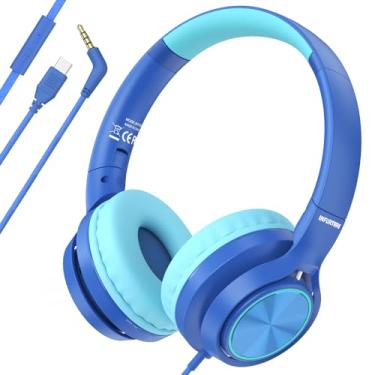 Imagem de INFURTURE Fones de ouvido USB C para escola, fones de ouvido com fio de 3,5 mm para crianças, fones de ouvido intra-auriculares leves, microfone embutido, volume seguro limitado para meninas/meninos