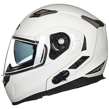 Imagem de Capacete de motocicleta integrado ILM Bluetooth Modular Flip Up Full Face Protetor solar 6 Riders Group Intercomunicação MP3 (M, branco)
