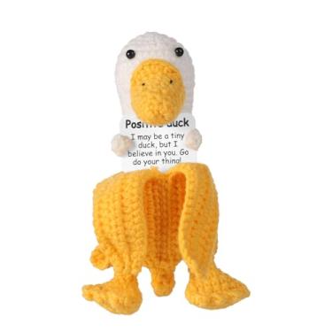 Imagem de lasuroa Brinquedo de crochê positivo, 12 cm pato positivo fio de banana positivo com cartão inspirador boneco de malha positivo batata positiva para a casa escritório decoração
