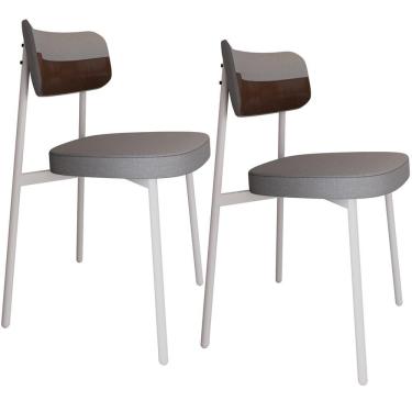 Imagem de Kit 02 Cadeiras Estofada Para Sala De Jantar Astrid Branco C01 Linho Cinza Courino Whisky - Lyam Decor