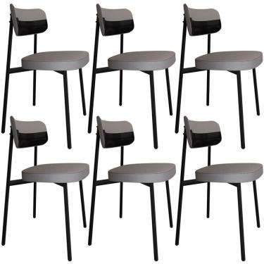 Imagem de Kit 06 Cadeiras Estofada Para Sala De Jantar Astrid Preto C01 Linho Cinza Courino Preto - Lyam Decor