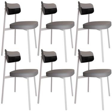 Imagem de Kit 06 Cadeiras Estofada Para Sala De Jantar Astrid Branco C01 Linho Cinza Courino Preto - Lyam Decor
