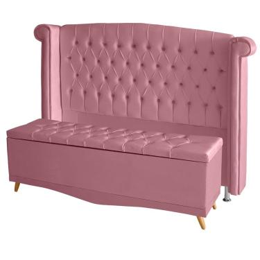 Imagem de Kit De Quarto Cabeceira De Cama Box E Calçadeira Baú Toquio Casal Queen 160 Cm Suede Rosa Bebê Eli Móveis E Decoração