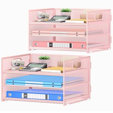 Imagem de Subekyu Pacote com 2 bandejas de papel de malha de metal rosa de 3 camadas e organizador de arquivos com alça + 1 bandeja deslizante para mesa, casa, escritório, material escolar, papel A4 e