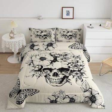 Imagem de Feelyou Conjunto de cama gótico vintage de caveira gótica, para crianças, rock, roll, osso e morte, para meninos e meninas