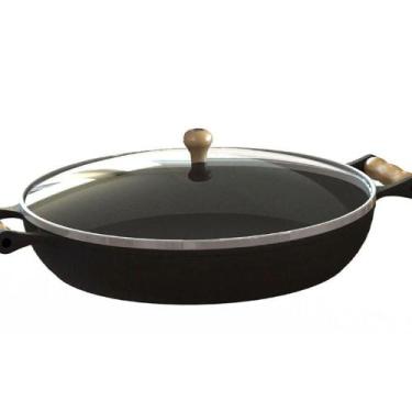 Imagem de Frigideira Ferro Fundido com Tampa Vidro Alças Madeira 28Cm - LIBANEZA