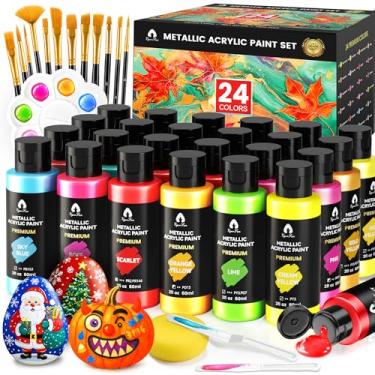 Imagem de Conjunto de 40 peças de tinta acrílica metálica com 12 pincéis, 2 facas e paleta, 24 cores (60 ml) - para adultos, crianças, artistas e iniciantes - kit de pintura de lona cerâmica rocha madeira