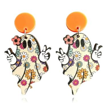 Imagem de Brincos com pingente de madeira de fantasma de abóbora de Halloween fofo de fantasma de desenho animado para mulheres, festas festivas, cosplay, bijuterias, presentes, Large, Metal, Sem pedra preciosa