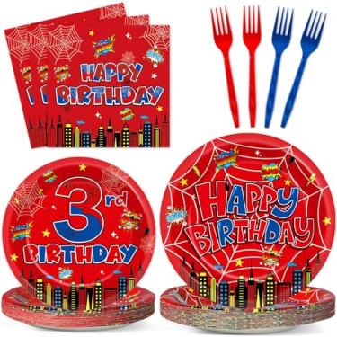 Imagem de 96 peças de decorações de festa de aniversário de aranha de desenho animado pratos temáticos de aranha guardanapo vermelho azul herói conjunto de utensílios de mesa super tema herói 3º aniversário