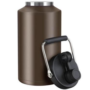 Imagem de GAGANIU Garrafa de água isolada, jarro de 1 galão com alça, garrafa de água grande de aço inoxidável de 3,6 ml, boca larga, aspirador duplo para bebidas quentes e frias, cáqui