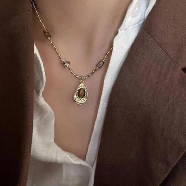 Imagem de 1/2 pçs colar feminino estilo boêmio com contas de pedra olho de tigre retrô conjunto de pingente de corrente de colar de camada dupla, #1, Pedra, Sem Pedra Preciosa