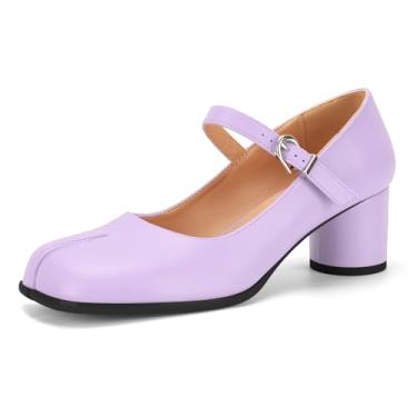 Imagem de Sapatos femininos Tabi Black Mary Janes bico dividido salto alto bloco grosso tira tornozelo confortável vestido trabalho escola escarpin, Salto roxo claro, 38