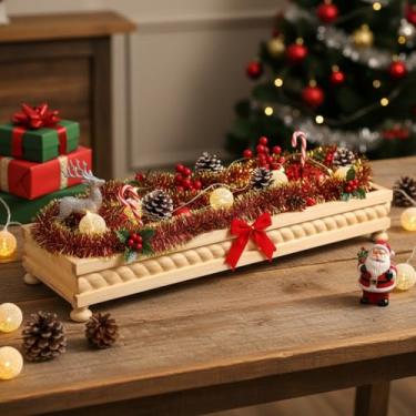 Imagem de AceOrbit Tigela de massa de madeira grande, decoração de mesa de centro de mesa de Natal feita à mão, mesa central de tigela de madeira rústica longa para mesas de jantar de Natal, sala de estar