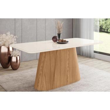 Imagem de Mesa De Sala Jantar Olivia Sc120 C/ Tampo Madeirado C/ Vidro Curvo 180x90cm Nature/off White - Henn