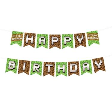 Imagem de Banner de Aniversário Tema Pixel, Banner Aniversário Videogame Marrom e Verde para Festa Infantil Tema Videogame Artigos Decoração e Adereços para Fundo Fotos (Montagem Necessária)