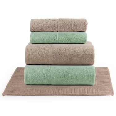 Imagem de Jogo De Banho Blume Toalhas Macias 100% Algodão Fio Penteado 5 Peças Verde E Bege