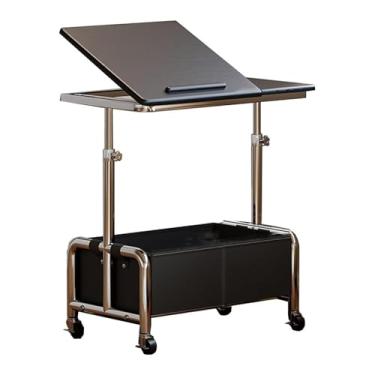 Imagem de Mesa de cabeceira, mesa lateral móvel com cesta de armazenamento de couro 48 x 33 x 16 cm ajuste de altura 55-75 cm fita antiqueda de armazenamento de camada dupla 60 x 40 cm carrinho de rodinhas