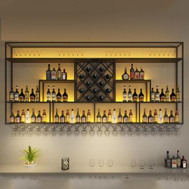 Imagem de HGTRH Rack de vinho montado na parede com luzes LED, prateleira de suporte de vinho montada na parede pode armazenar várias garrafas, suporte de garrafa de vinho de grande capacidade com suporte de