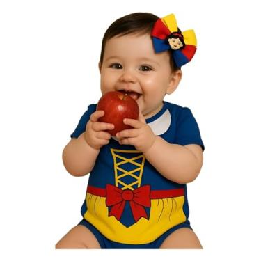 Imagem de Fantasia Branca de Neve bebê menina body temático com laço mesversário (Com manga com laço, G)