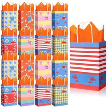 Imagem de Kolldenn 24 conjuntos de sacos de presente azuis de apreciação de desenhos animados a granel com papel de seda sacos de presente de desenho animado azul com alça de cartões bolsa de doces para