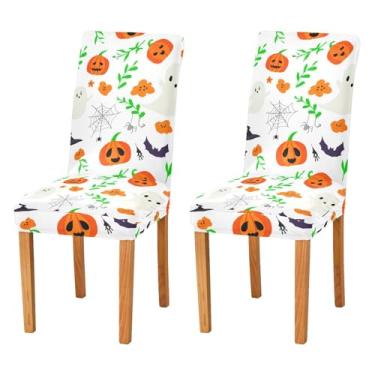 Imagem de JUZIHAI Conjunto de 4 capas de cadeira de Halloween, removíveis, laváveis, Boo Pumpkins, capas de assento elásticas para cozinha, sala de jantar, hotel, decoração de banquete