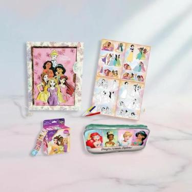 Imagem de Kit Escolar Diario com Estojo Adesivos Disney Princesas Volta as Aulas