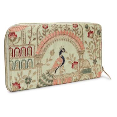 Imagem de Carteira clutch com zíper floral pavão bordado, bege com detalhes rosa e vermelho, 22 x 13,5 cm, Verde, Medium