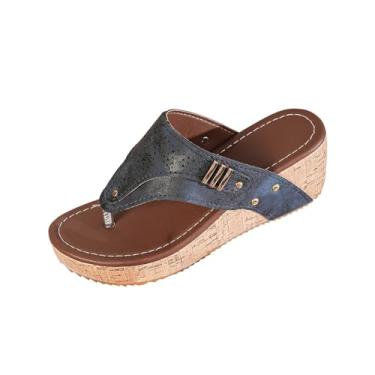 Imagem de Chinelo feminino plataforma plataforma com bico redondo e design de tiras para uso casual, Azul royal, 35
