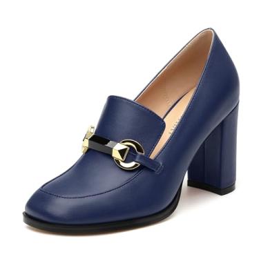 Imagem de GOFOURTHAT Sapatos femininos de salto grosso, bico quadrado, fechados, mocassins, sem cadarço, casual, confortável, para trabalho, 8,6 cm, Azul-marinho fosco, 35