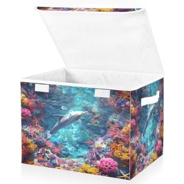 Imagem de Blueangle Caixas de armazenamento coloridas de recifes de corais com tampas, 42 x 32 x 30 cm, grande cesta organizadora dobrável para decoração de escritório e armário (444)