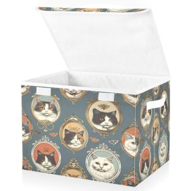 Imagem de Blueangle Cestos de armazenamento fofos para gatos com tampas, 42 x 32 x 30 cm, grande cesta organizadora dobrável para decoração de casa e escritório (445)