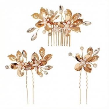 Imagem de Pente de cabelo de flor, conjunto de acessórios de noiva de pérolas douradas feitas à mão com strass, folhas de strass, acessórios de casamento elegantes para noivas, festas de casamento, damas de