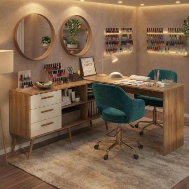 Imagem de Mesa Profissional Para Manicure Em L Com 3 Gavetas Jady Multimóveis Mp6043 Madeirado/br...