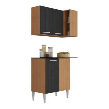 Imagem de Kit Armário De Cozinha Aéreo Canto Com Balcão 90cm 3 Portas Pequim Multimóveis Mp2381 Madeirado/preto