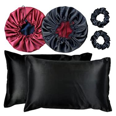 Imagem de Kit 2 Fronha De Cetim Seda + 2 Toucas + 2 Xuxinhas (Preto/Vinho)