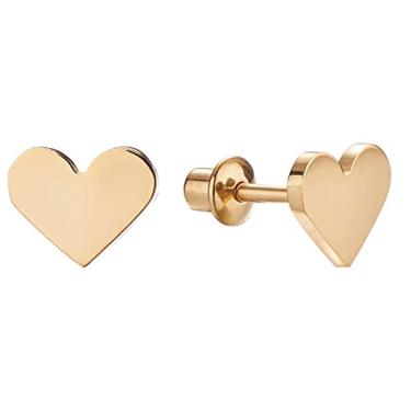 Imagem de Brincos hipoalergênicos banhados a ouro 18 k com tarraxa de coração para crianças, bebês, crianças, meninas com haste de aço cirúrgico para orelhas ultra sensíveis com parafuso de segurança seguro