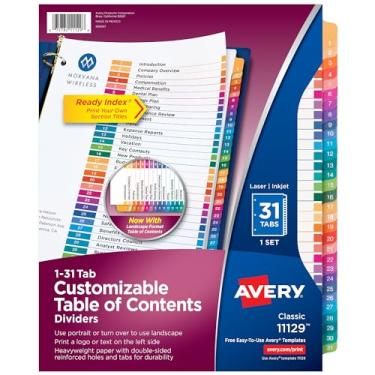 Imagem de Divisórias de 31 abas para fichário de 3 anéis Avery – índice personalizável, abas multicoloridas, 1 conjunto (11129)