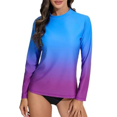 Imagem de Halcurt Camiseta feminina de manga comprida Rash Guard Top UPF50+ com proteção solar UV, roupa de banho de secagem rápida, Ombre, azul, roxo, GG