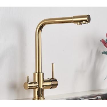 Imagem de Filtro de níquel escovado torneira da cozinha água potável torneira da cozinha deck montado alças duplas misturador de água fria de 3 vias, dourado