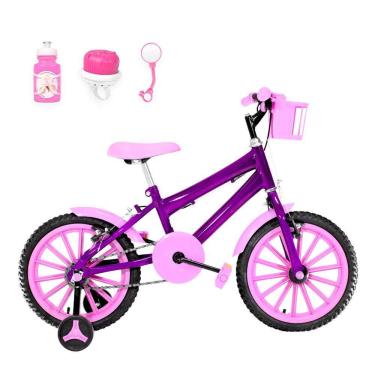 Imagem de Bicicleta Infantil Feminina Aro 16 Nylon + Kit Passeio Cor Violeta E Rosa