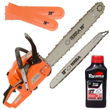 Imagem de Motosserra Profissional Á Gasolina Terra MT-520 MT520 Com ÓLEO TOYAMA 2T 52cc 2,5HP 11.000RPM Sabre 20 Polegadas + Sabre 18 Polegadas