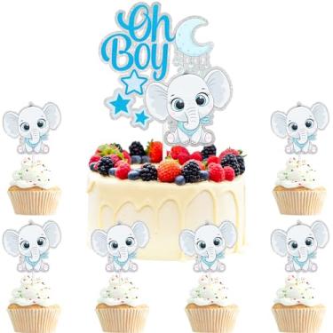 Imagem de Oh~ Boy, Cute Elephant Themed Gender Reveal Happy Birthday Cake Toppers Set of 7 - Perfect as Baby Shower Party or Gender Reveal Party Decorations - LIANGSS (Blue)
