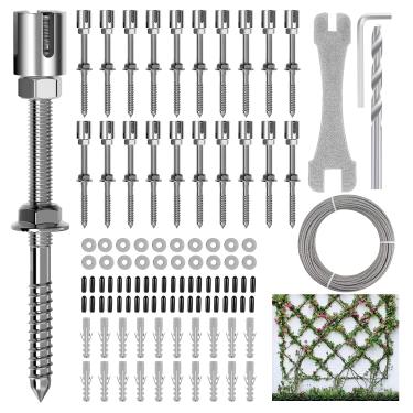 Imagem de RiaYer 20 Conjuntos de Kits de Sistema de Treliça de Parede, Treliça de Arame para Plantas Trepadeiras Ao Ar Livre, Kit de Treliça de Arame de Parede com Cabo de Aço de 98 Pés X 1/8", Sistema de Treli