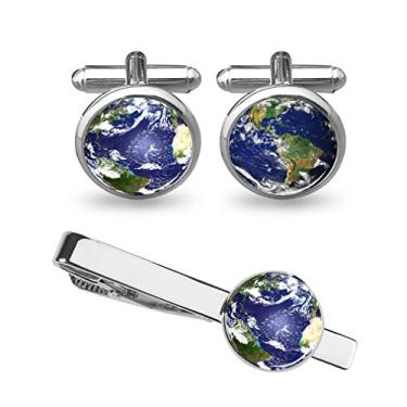 Imagem de Abotoaduras de mapa do mundo casamento vintage presentes personalizados pai avô pai clipe de gravata azul ZUNON, 19mm, Banhado a prata, Cinabre