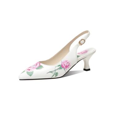 Imagem de TinaCus Sandália feminina de couro legítimo floral com bico fino feito à mão salto médio moderno, Branco, 37