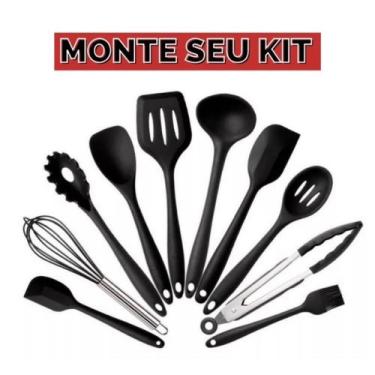Imagem de Talheres de silicone preto individual -colher, espátula, pegador, conc