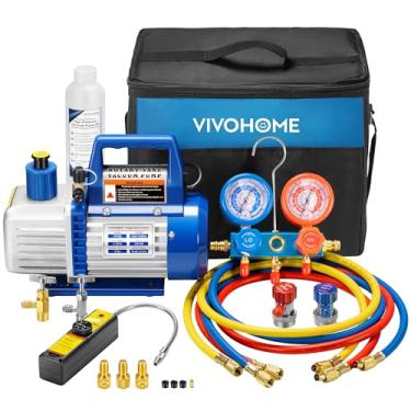 Imagem de Bomba de vácuo VIVOHOME 110V 1/3 HP 4CFM de palheta rotativa de estágio único e kit de medidor de coletor CA R134a com bolsa de transporte detectora de vazamento para ar-condicionado, refrigeração