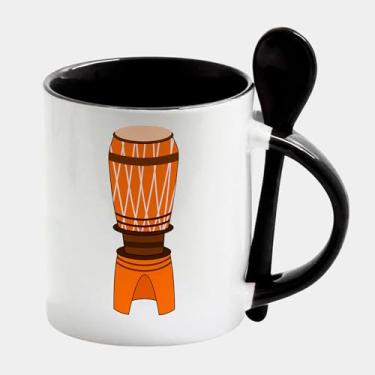 Imagem de Caneca Branca com Colher e Interna Preta de Porcelana 325ml ATABAQUE TAMBOR DESENHO UMBANDA