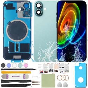 Imagem de ReuWeu Substituição de vidro traseiro compatível com iPhone 16 Plus todas as operadoras de 6,7 polegadas + placa pré-instalada e moldura da câmera + ferramentas profissionais (azul-petróleo)